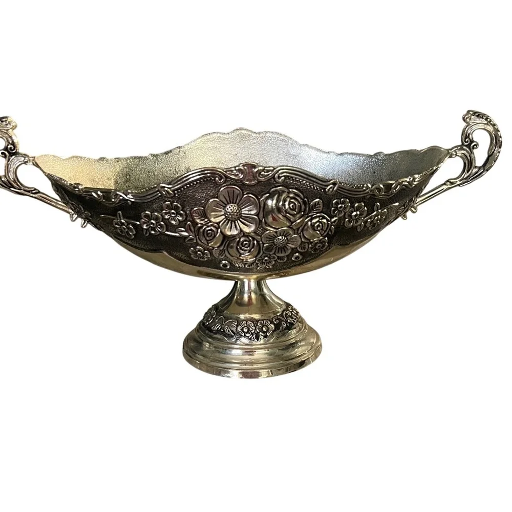 Vintage Silver Floral Embossed Footed Bowl Cache Pot Loving Cup w Handles